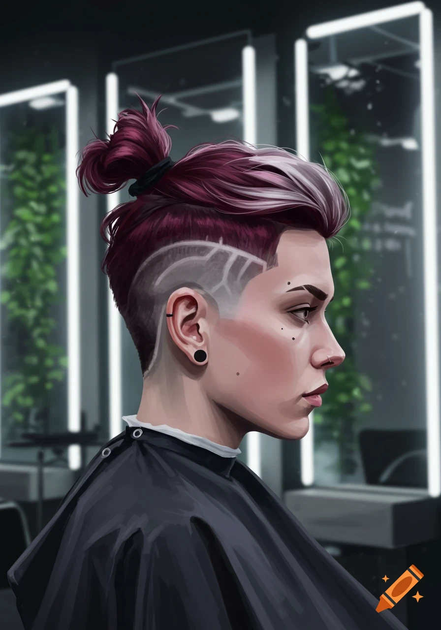 A person with a red and white topknot and an artistic shaved undercut in a barbershop, stylized art.