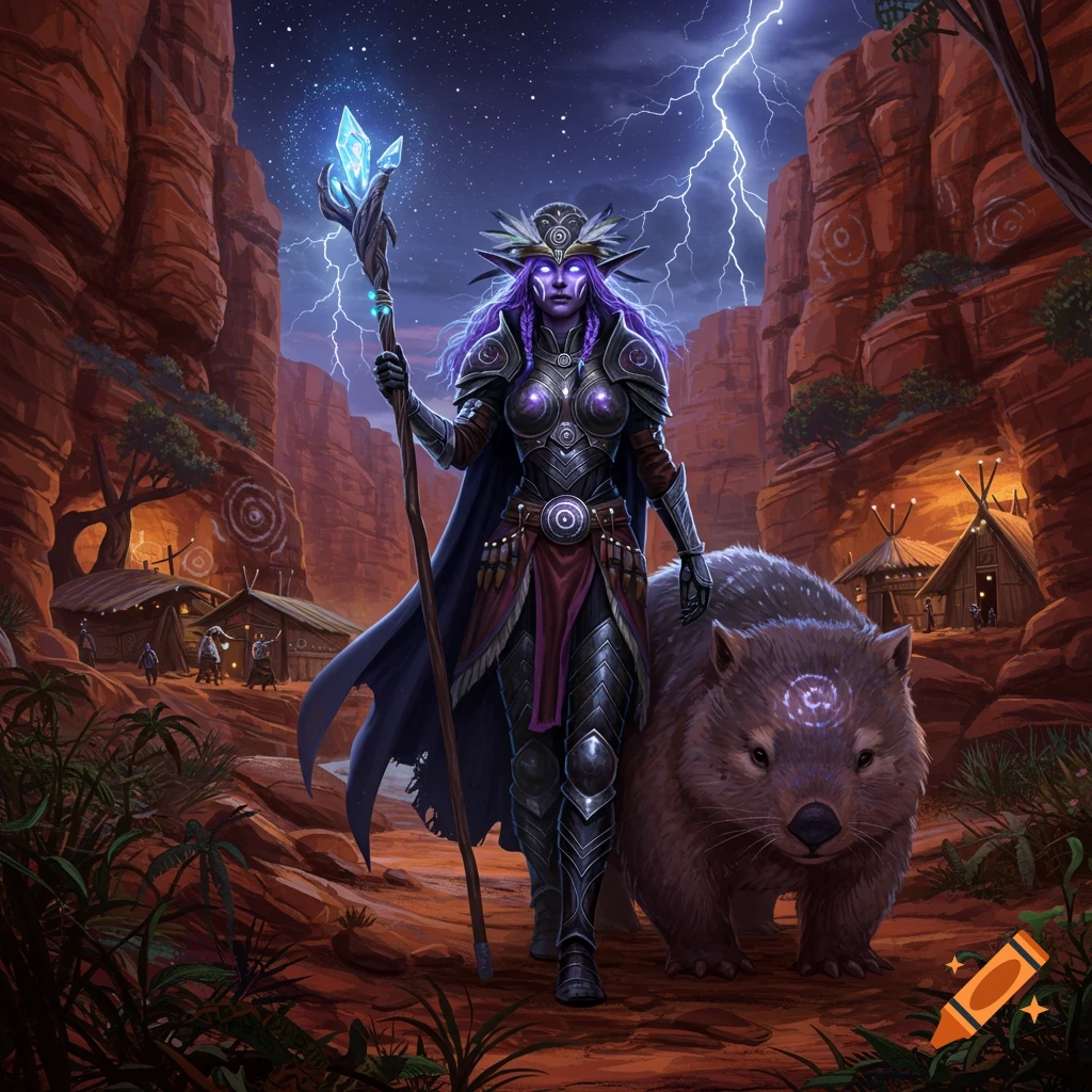 A purple-skinned female fantasy warrior with a glowing staff walks with a giant wombat through a canyon village under a lightning storm.