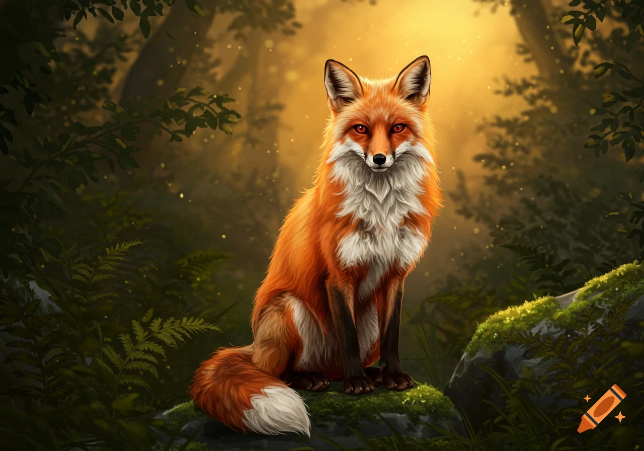 An orange and white fox with glowing red eyes sits on a mossy rock in a glowing, dark forest.