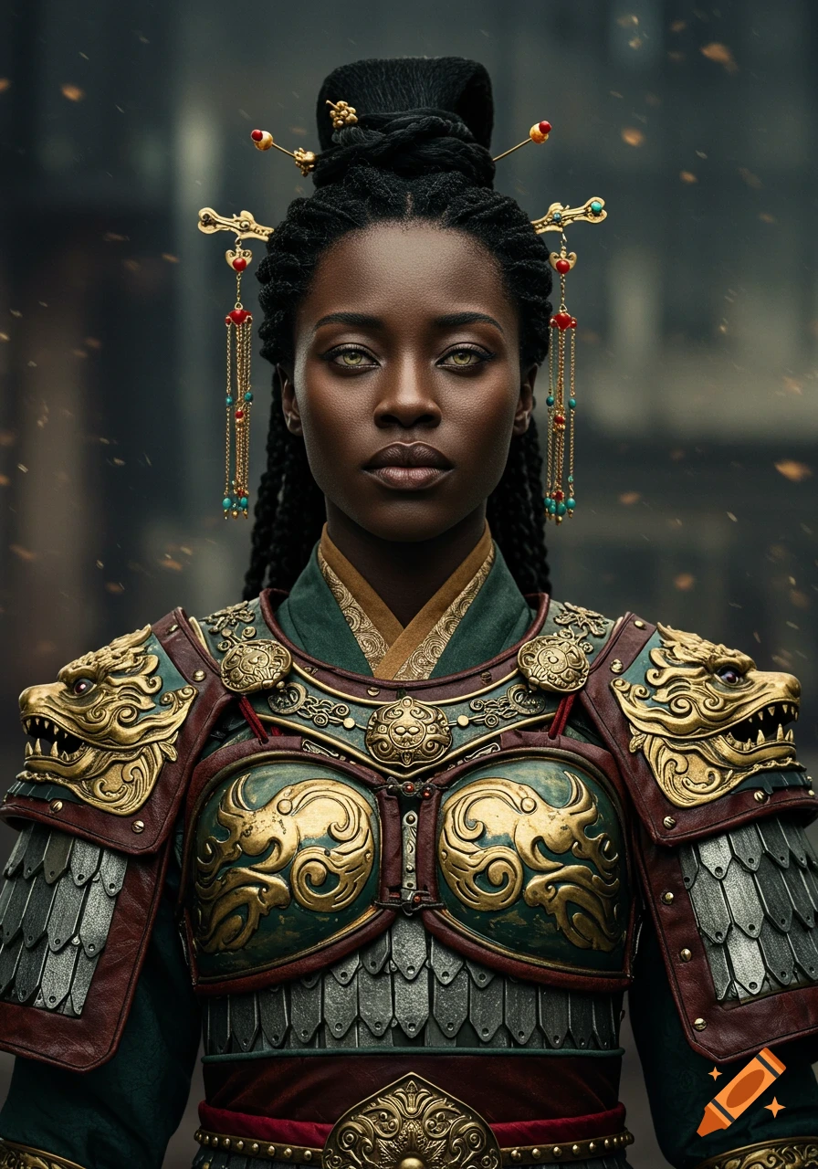 Photorealistic portrait of a beautiful Black woman wearing intricate gold and green Chinese warrior armor.