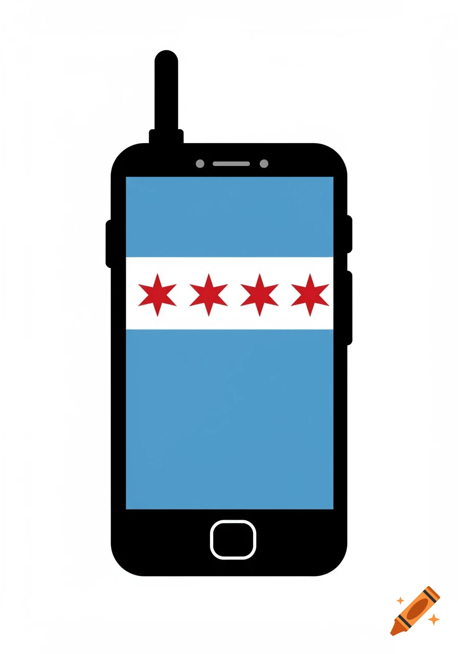Illustration of a black smartphone with an antenna, displaying the Chicago flag on its screen.
