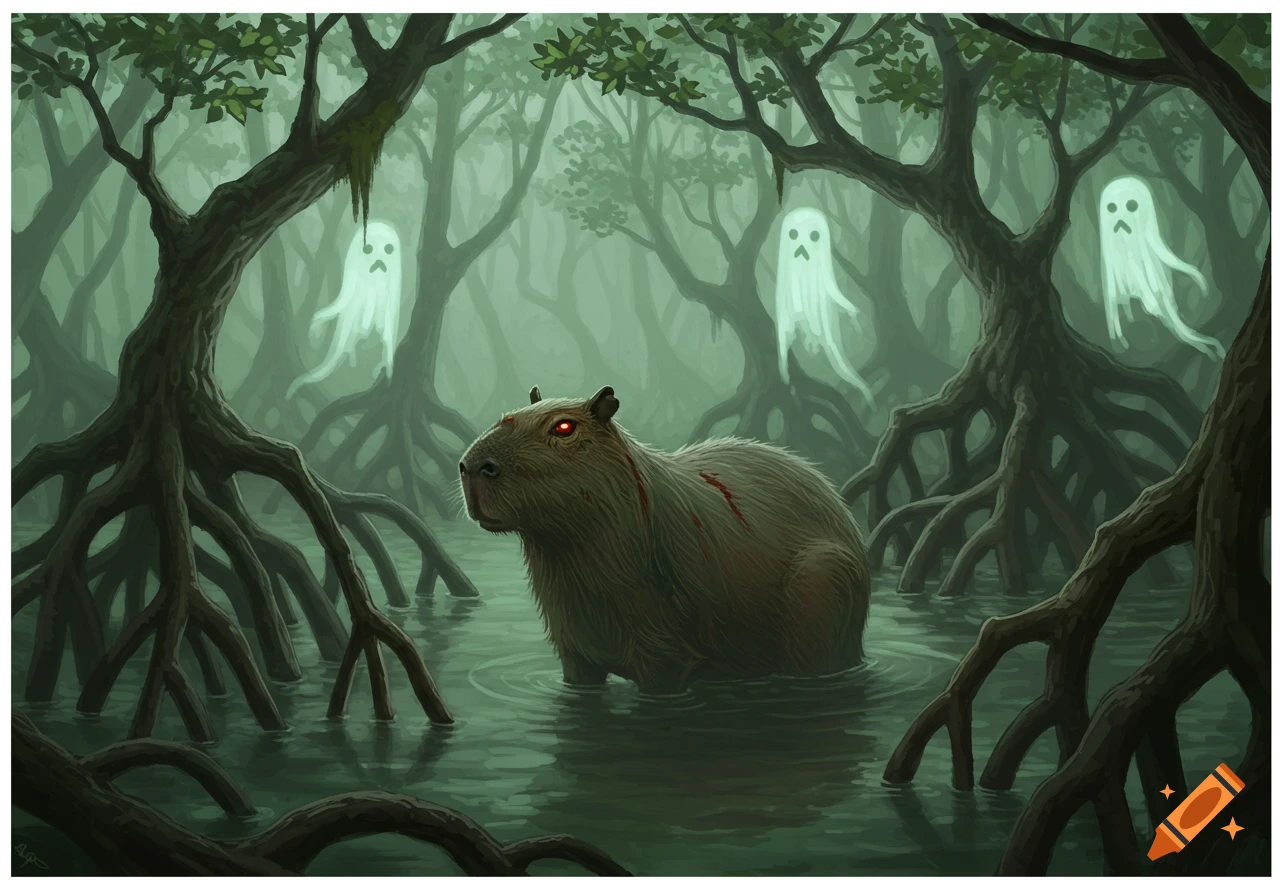 A capybara with glowing red eyes and red marks stands in a misty mangrove swamp, surrounded by three floating white ghosts. Digital illustration.