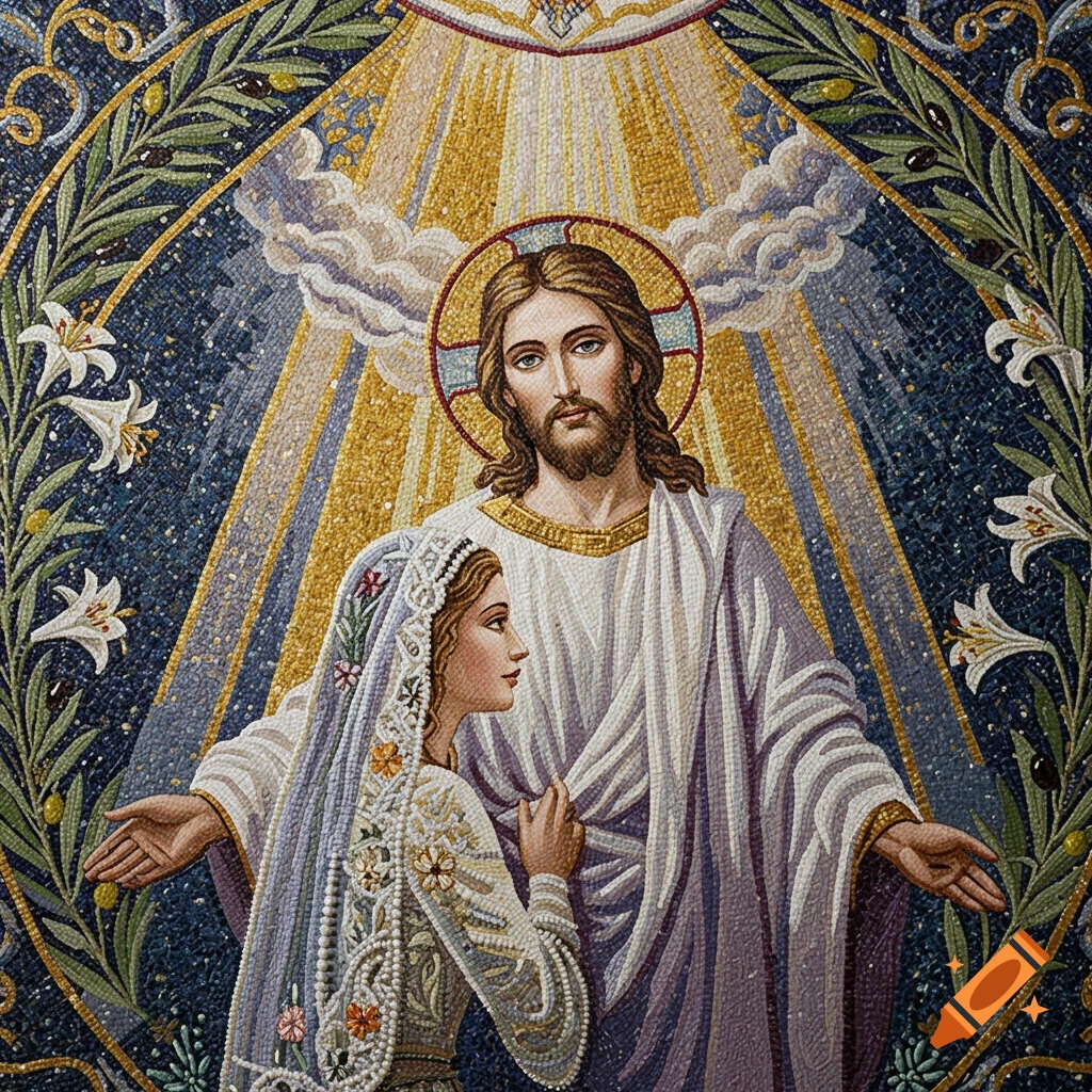 A detailed religious mosaic of Jesus with a halo and a woman in a decorated veil, bathed in golden light amidst an ornate floral border.