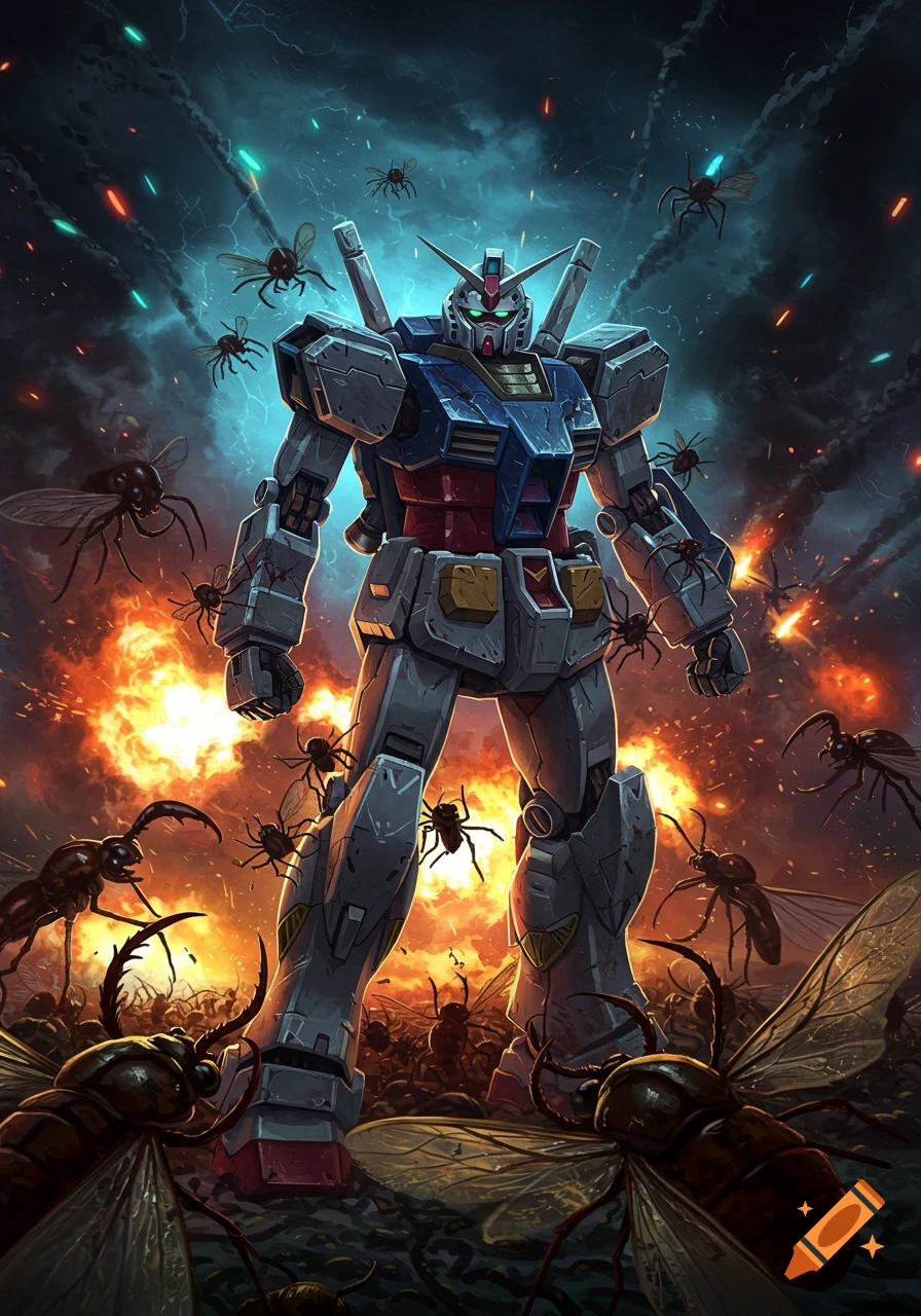 A Gundam robot stands in a fiery, stormy battle, swarmed by giant insects. Illustrated in a dramatic sci-fi style.
