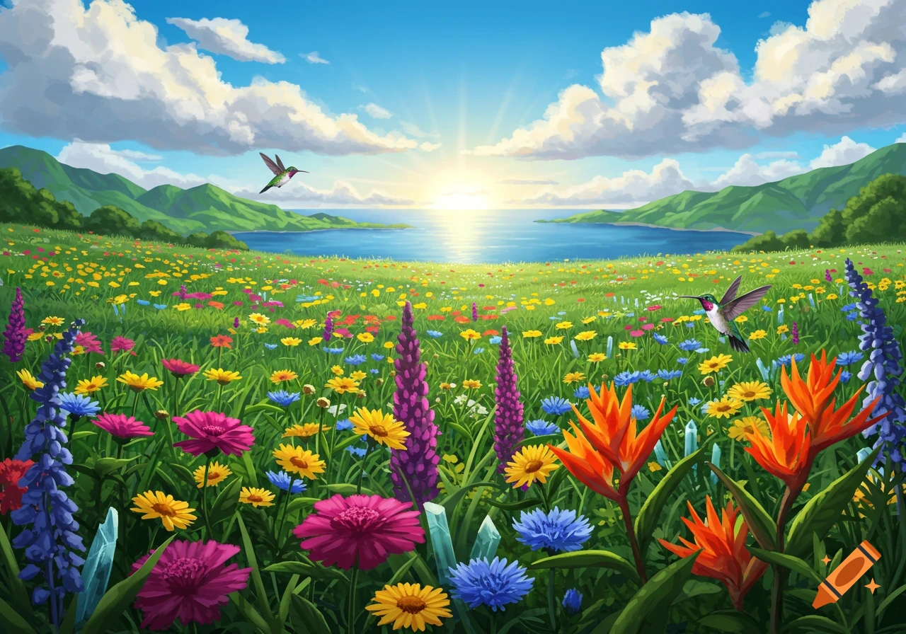 A vibrant meadow of colorful wildflowers and two hummingbirds, with a serene lake, mountains, and a bright sunrise under a blue sky.