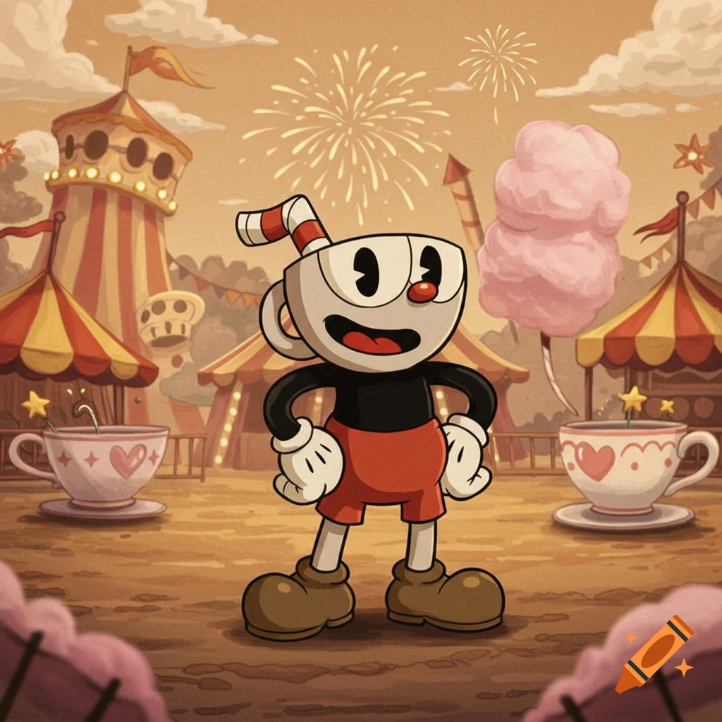 Cuphead stands smiling in a vintage cartoon carnival scene with fireworks, tents, and teacup rides.