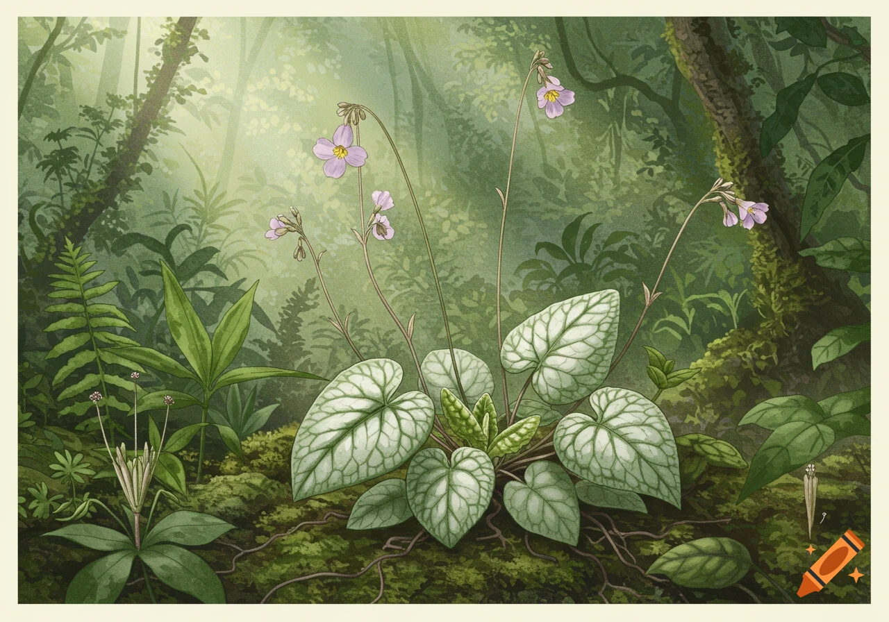 A detailed botanical illustration of Primulina cardaminifolia with broad silver-veined leaves and small purple flowers, growing on mossy ground in a sun-dappled forest.