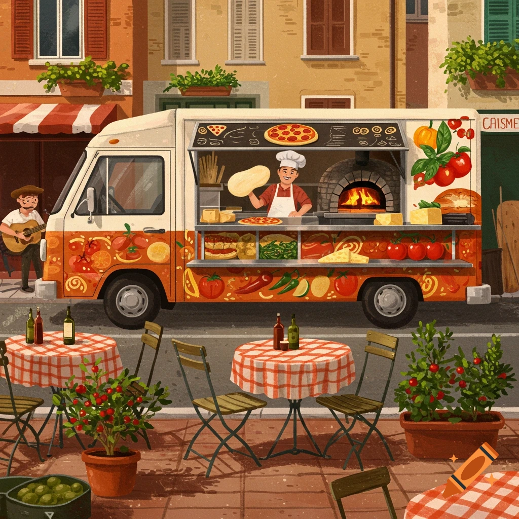 An illustration of a charming pizza food truck with a chef, a wood-fired oven, and outdoor seating on a sunny street, while a musician plays guitar nearby.