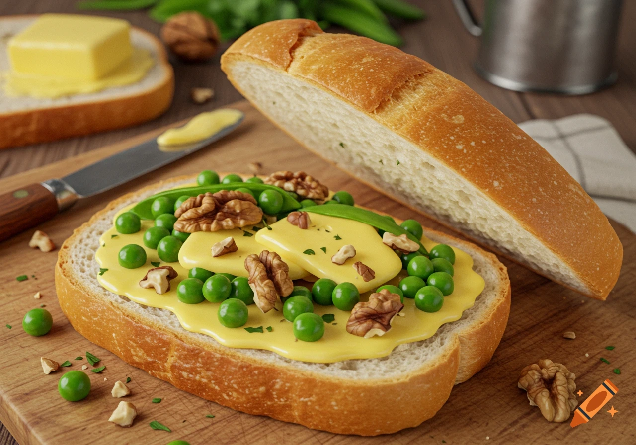 Open-faced sandwich with peas, walnuts, and yellow spread on a wooden board, with a baguette and butter in the background.
