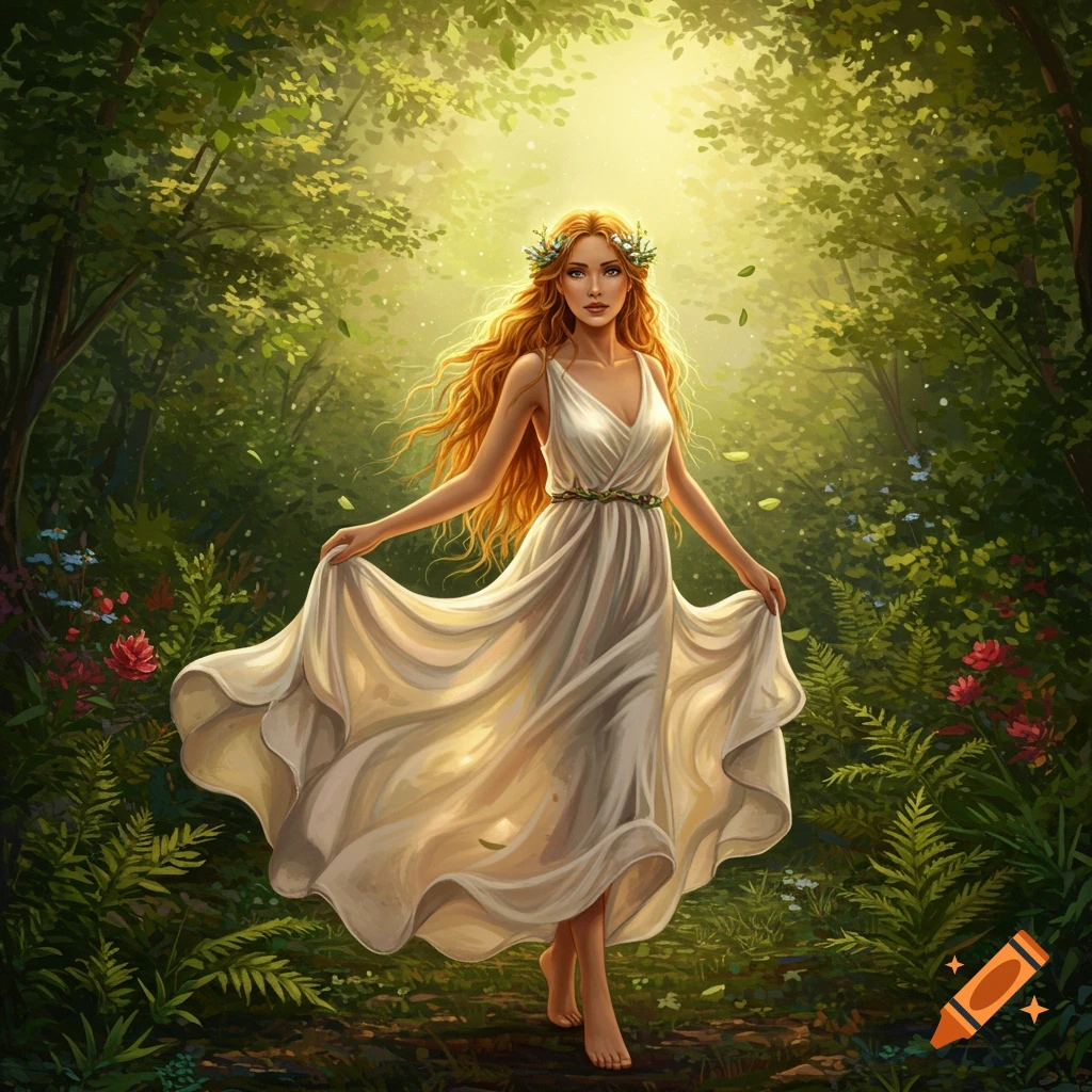 Realistic Depiction of Iris, the Goddess of Spring, Holding a Golden Cup  Surrounded by Flowers created on Craiyon, image size:1024x1024