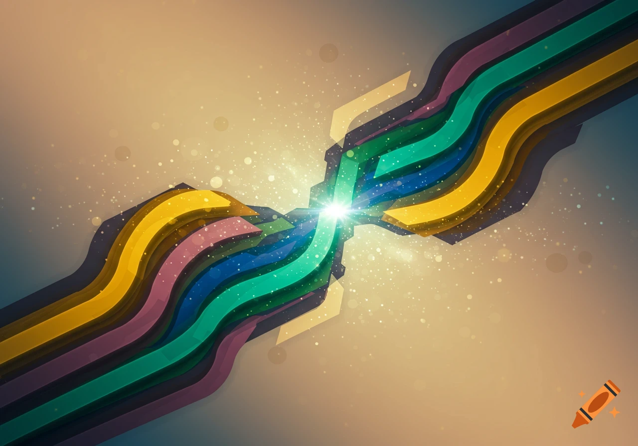 Abstract digital art of colorful segmented wavy lines converging with a bright light burst in the center.