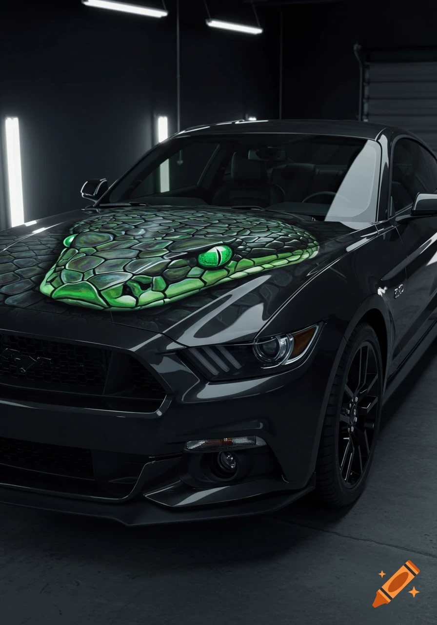 A photorealistic black Ford Mustang with a vibrant green snake head painted on its hood in a garage.