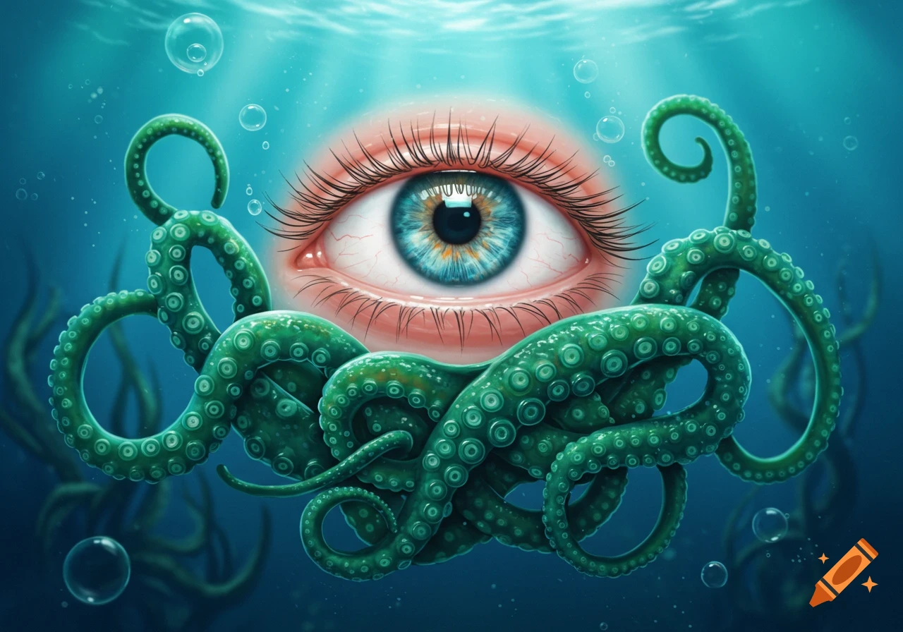 A large, realistic blue eye with long eyelashes rests on green octopus tentacles, submerged in bright teal water with bubbles.