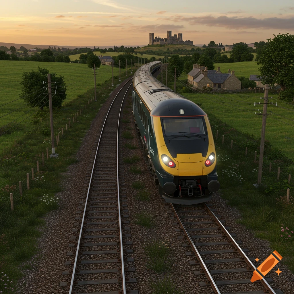 A photorealistic British train travels on tracks through green fields with a distant castle under a sunset sky.