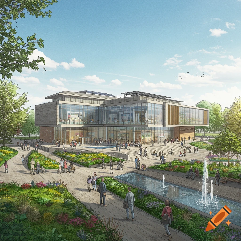 A detailed drawing of a modern, multi-story building with glass facades and solar panels, surrounded by a bustling public plaza with people, landscaped gardens, trees, and fountains under a clear sky.