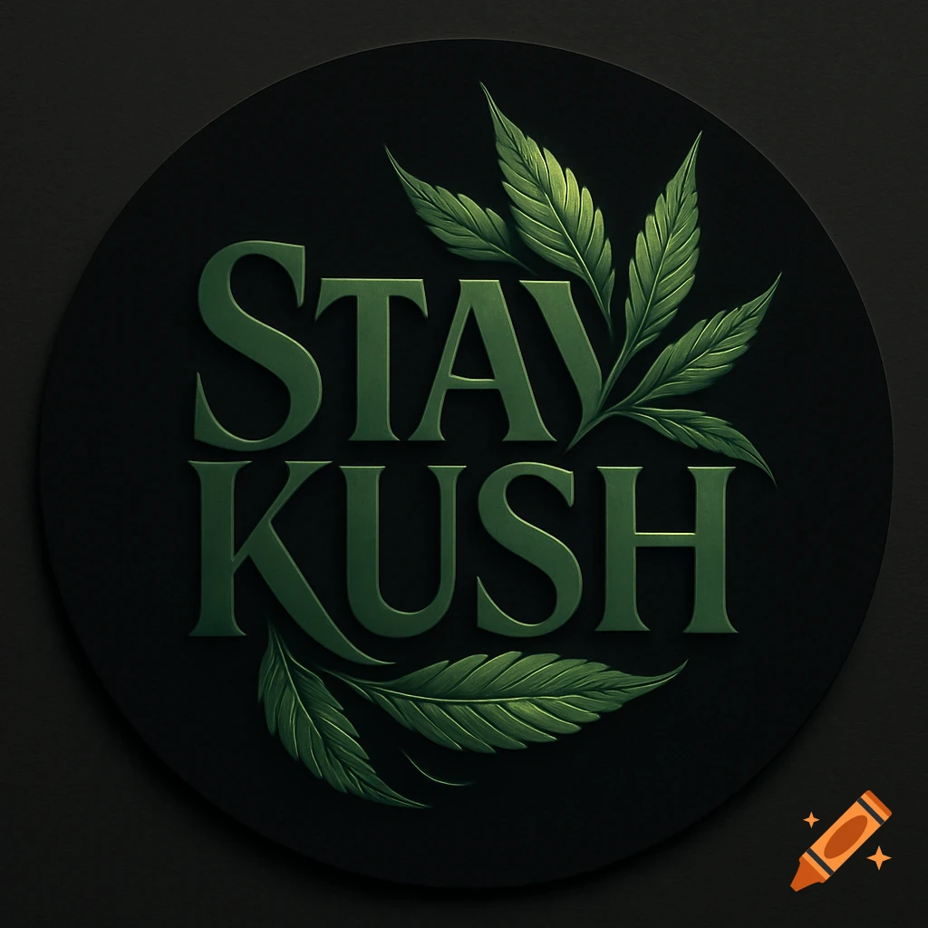 Circular black logo with embossed green text 'STAY KUSH' and cannabis leaves.