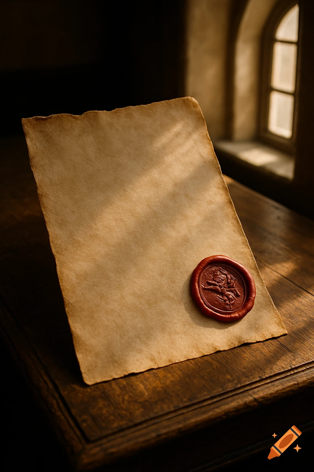 An aged parchment paper with a red wax seal featuring an emblem on a wooden table, lit by light from an arched window.