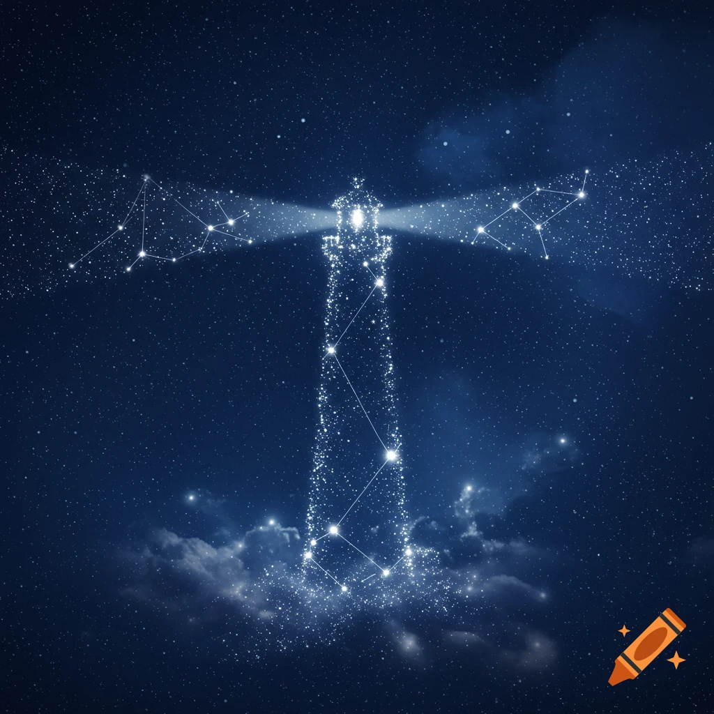 A stylized lighthouse silhouette formed from bright stars and constellations, emitting light across a dark blue starry night sky with faint clouds.