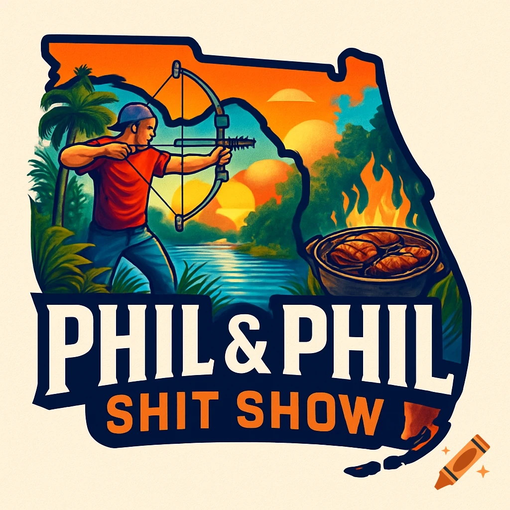 Stylized logo in the shape of Florida with a man bow hunting, a river, sunset, BBQ grill, and 'PHIL & PHIL SHIT SHOW' text.