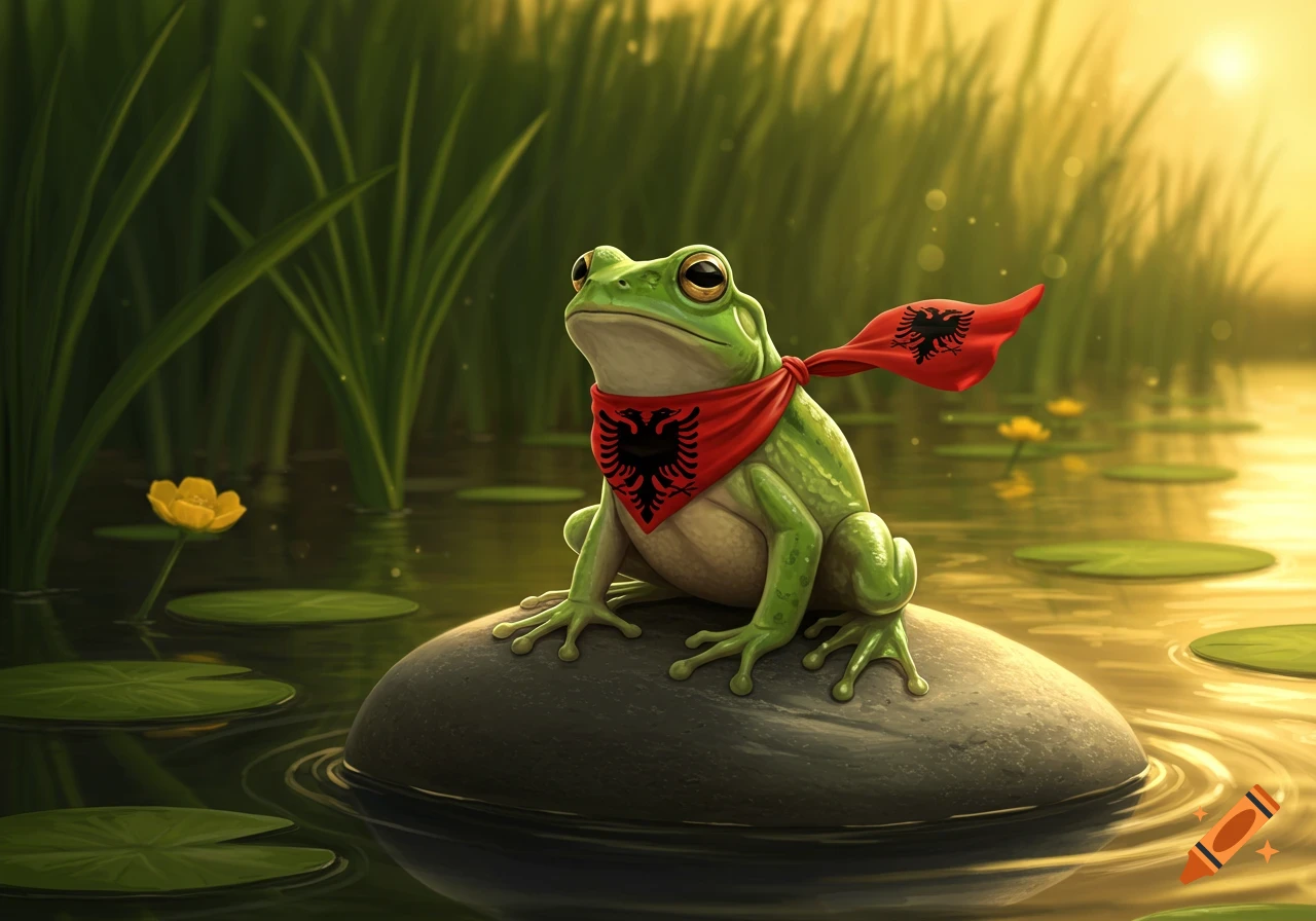 A green frog with a red Albanian flag bandana and cape sits on a rock in a golden marsh.
