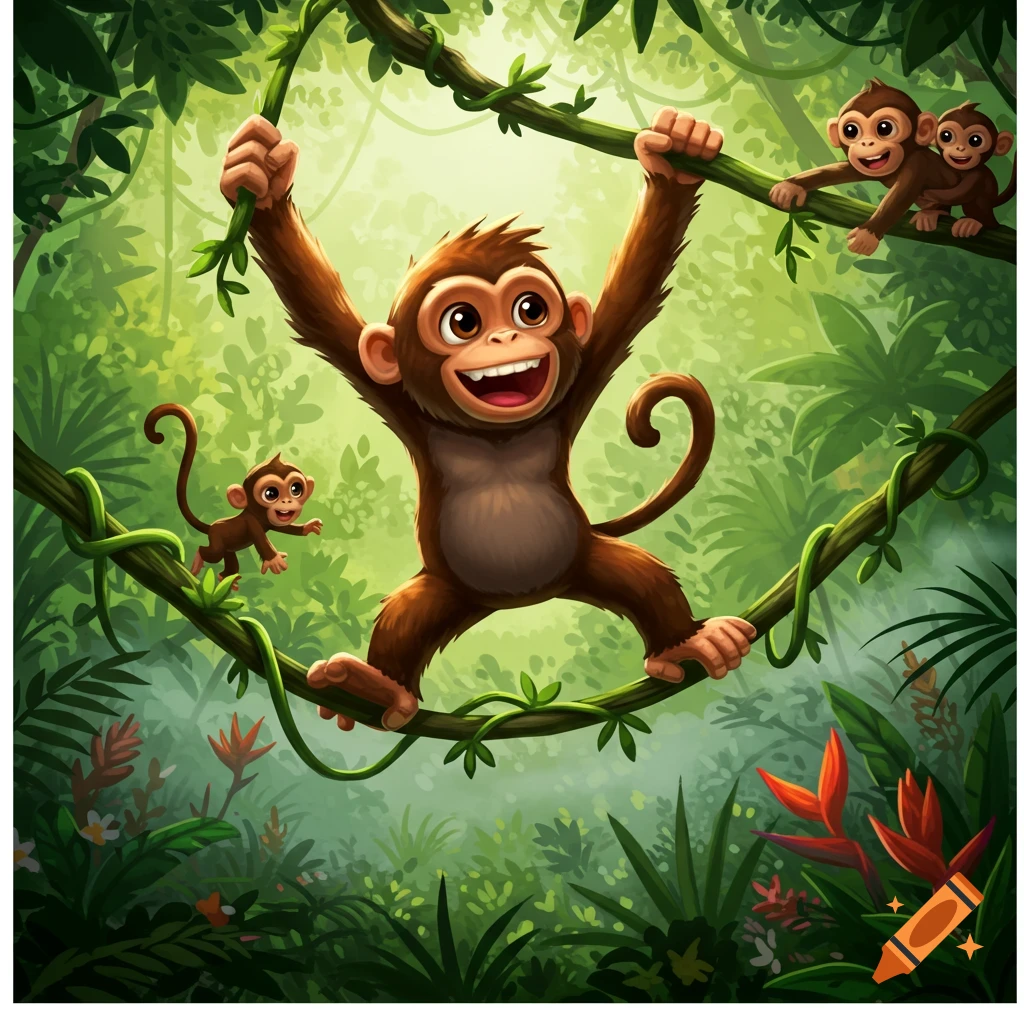 A cheerful cartoon monkey swings on a vine in a vibrant jungle, with two smaller monkeys on a branch behind it.