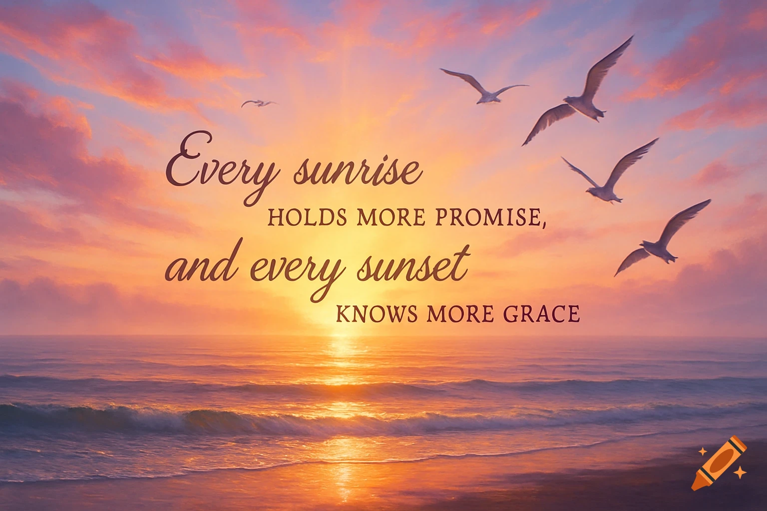 Vibrant sunset over the ocean with orange and pink clouds, flying seagulls, and an inspirational quote.