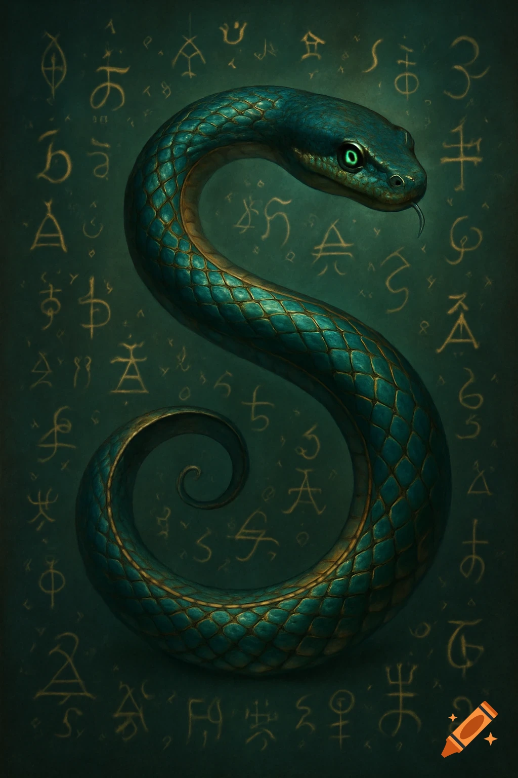 A turquoise and gold snake coiled into an 'S' shape with glowing green eyes, set against a dark green background filled with golden esoteric symbols.