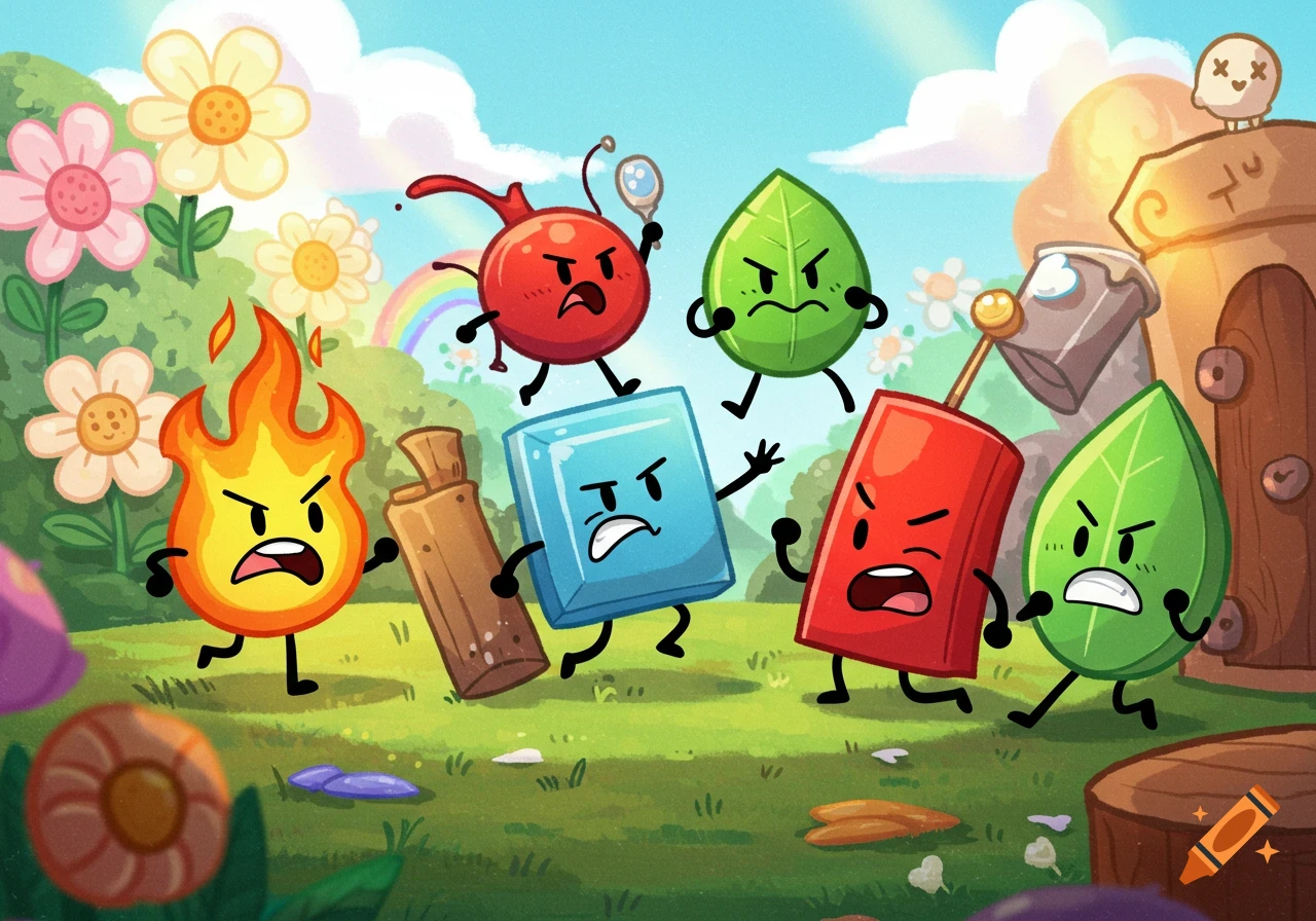 Colorful cartoon scene with angry object characters like fire, ice, leaves, a cherry, and a dynamite stick in a grassy field.