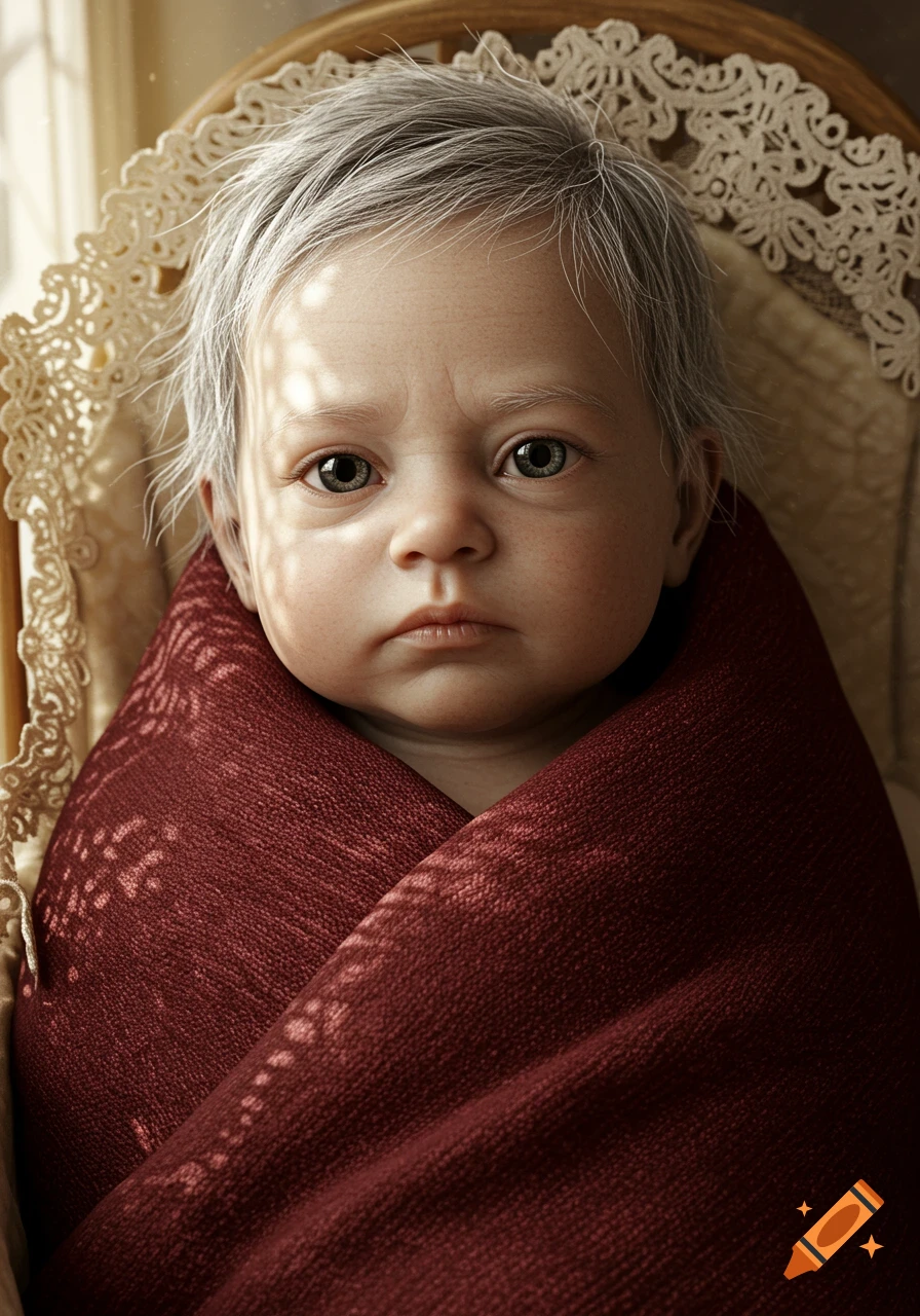 Photorealistic portrait of a baby with gray hair and wrinkles, wrapped in a red blanket, sitting in an ornate bassinet.