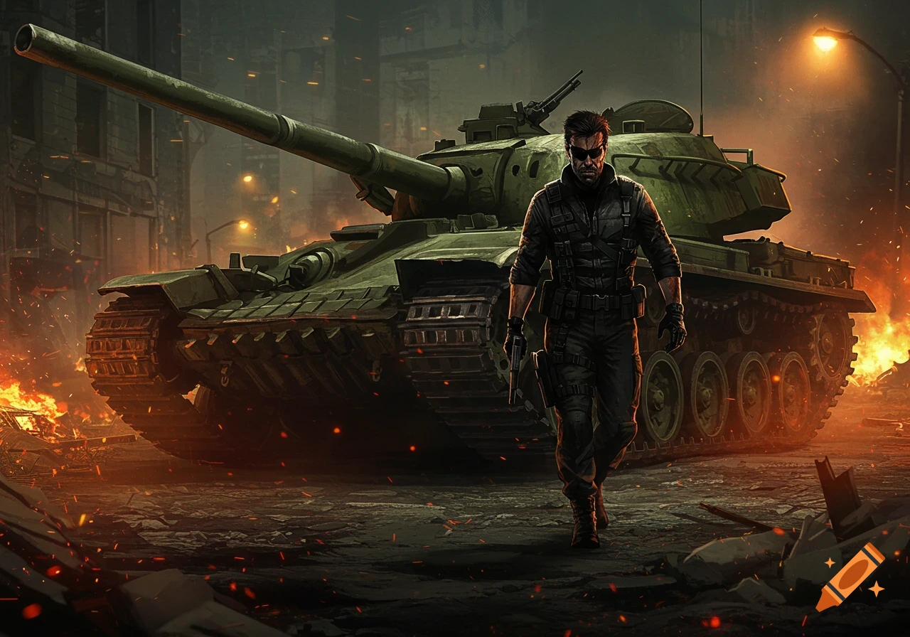 Snake Plissken, in black tactical gear, walks past a large tank on a fiery, war-torn city street in a gritty, illustrative style.
