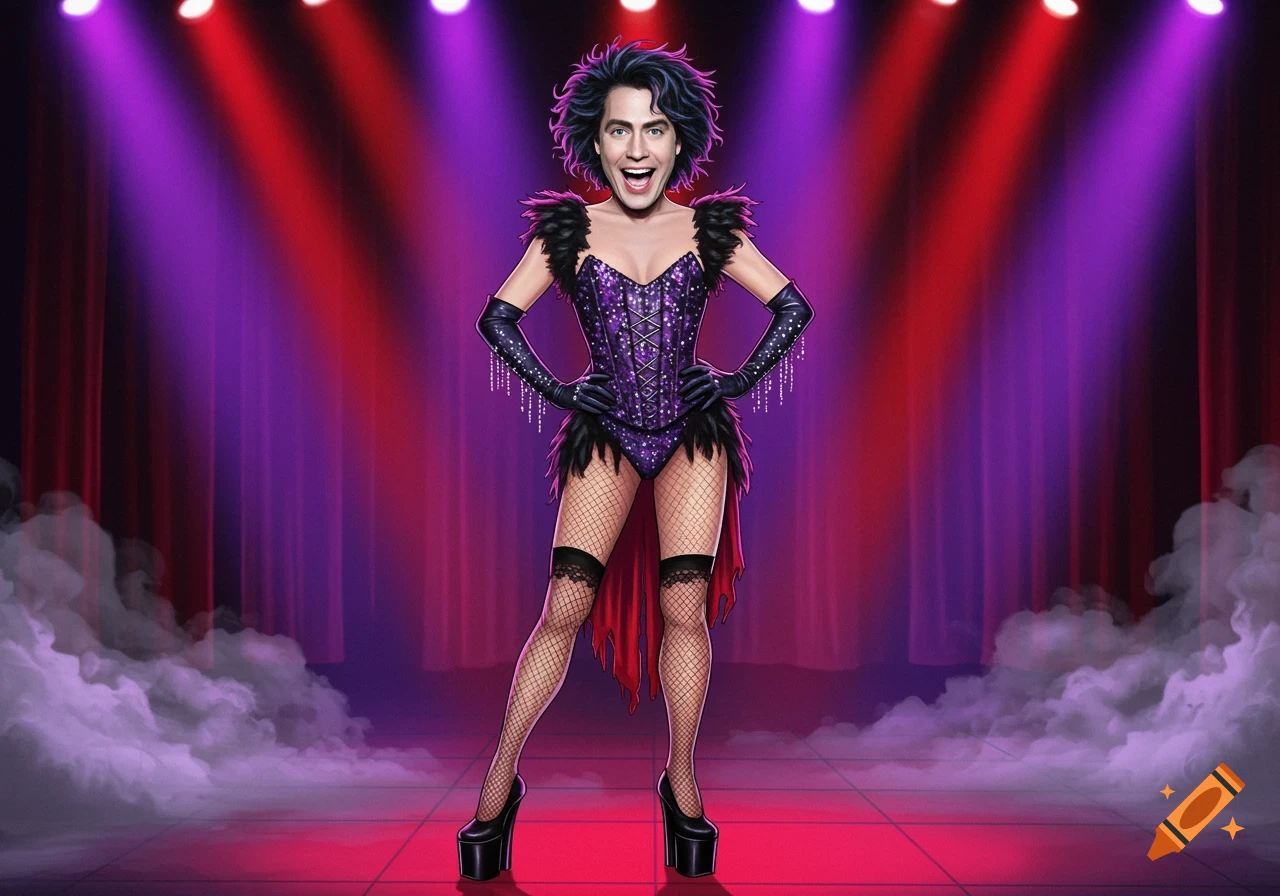 Illustrated man with Larry LaRocco's face as Frank-N-Furter in a purple corset and fishnets on a stage.