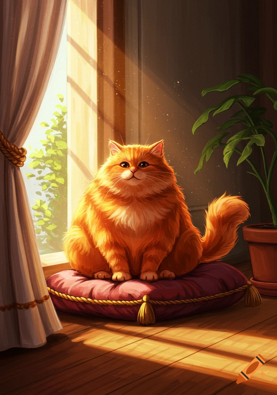 Fluffy orange cat sitting on a purple cushion by a sunlit window with curtains and a potted plant.