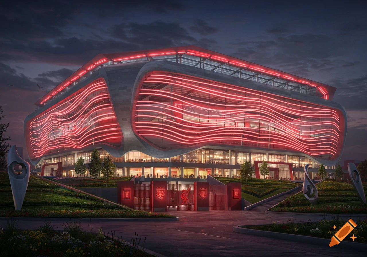 A futuristic stadium for Liverpool FC at night, illuminated by red neon lights, with its crest on the gates.
