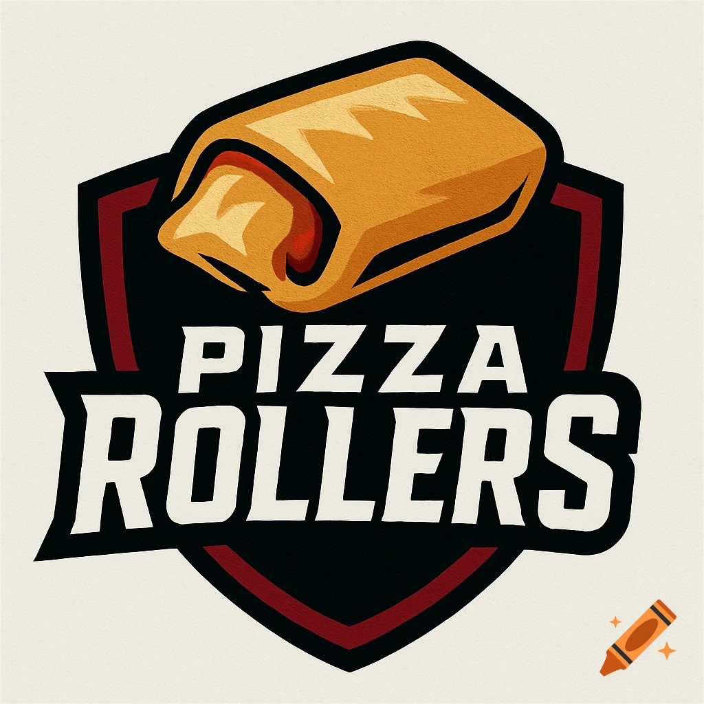 Professional sports team logo for 'Pizza Rollers' featuring a stylized pizza roll on a black and red shield, bold white text.