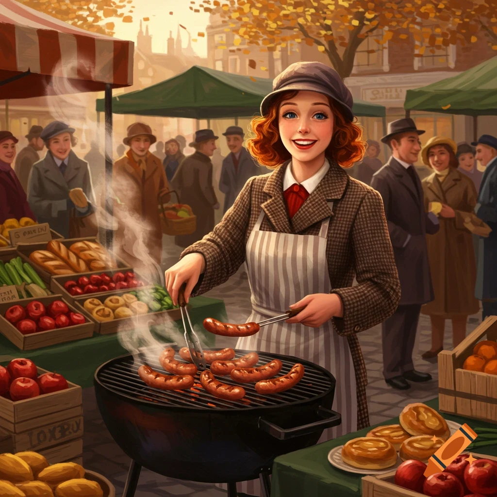 A smiling woman with red hair cooks sausages on a grill at a bustling outdoor autumn street market, surrounded by stalls of produce.