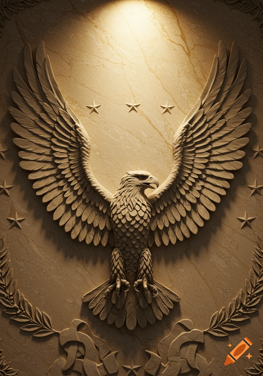 Relief carving of a majestic eagle with outstretched wings, stars, and laurel wreaths on a light brown marble wall, illuminated from above.