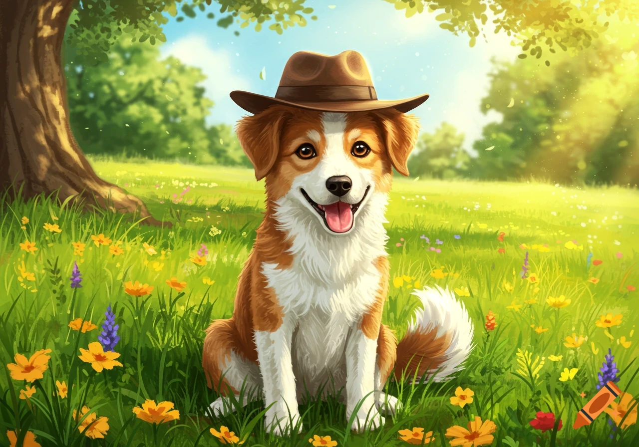 A cute cartoon dog with brown and white fur wears a brown cowboy hat, sitting in a sunny green field with colorful flowers.