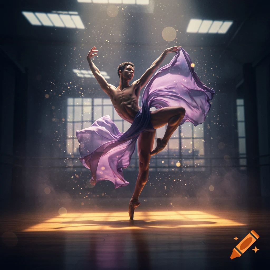 Photorealistic male ballet dancer in a graceful pose, with flowing purple fabric, lit by dramatic golden light on a wooden stage.