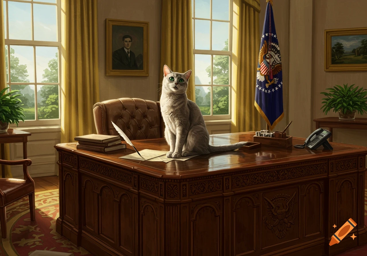 A grey cat with green eyes sits on a large wooden desk in a sunlit Oval Office, with a US Presidential flag nearby.