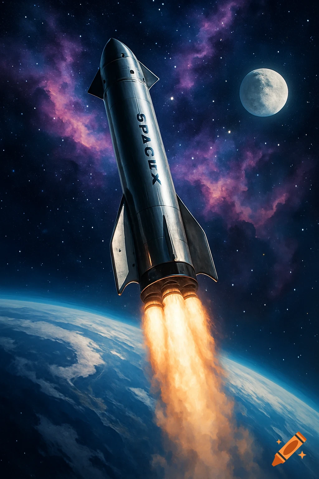 A Space X rocket launching from Earth into a starry, nebula-filled space, with the moon in the background.