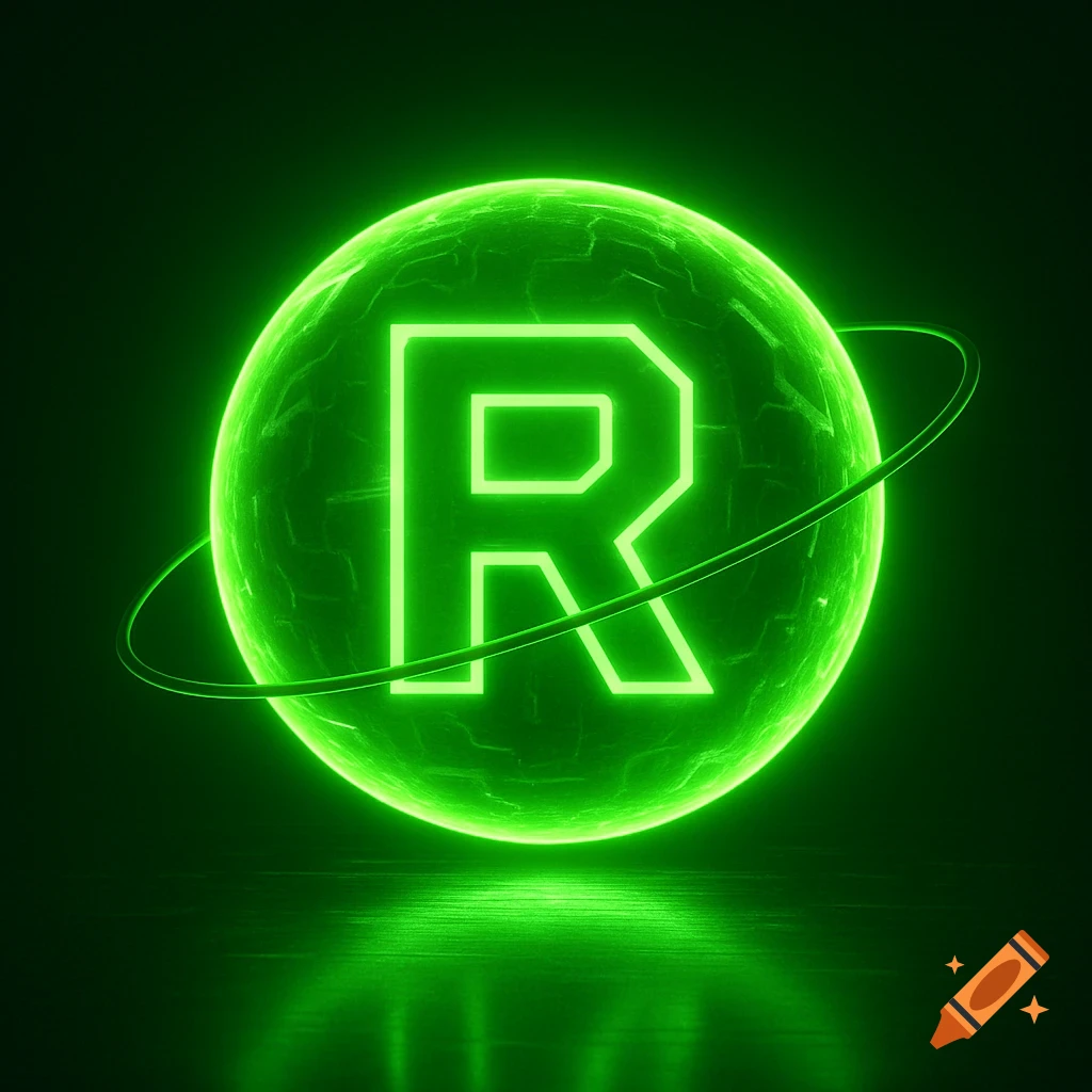 Neon green glowing sphere with a luminous letter R inside, encircled by an orbit ring, on a reflective dark surface.