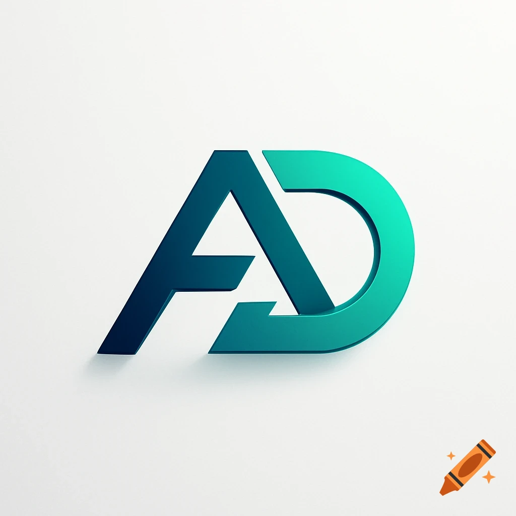 A modern 3D logo with the letters A and D intertwined, rendered in a teal and deep blue gradient on a white background, casting a subtle shadow.