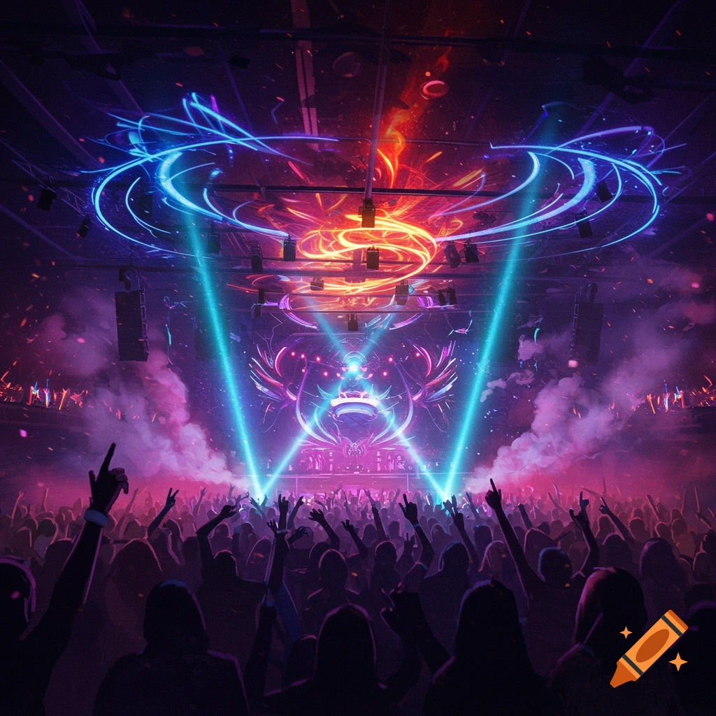 Energetic crowd at a vibrant concert or rave, illuminated by bright blue and red stage lights with swirling patterns overhead.