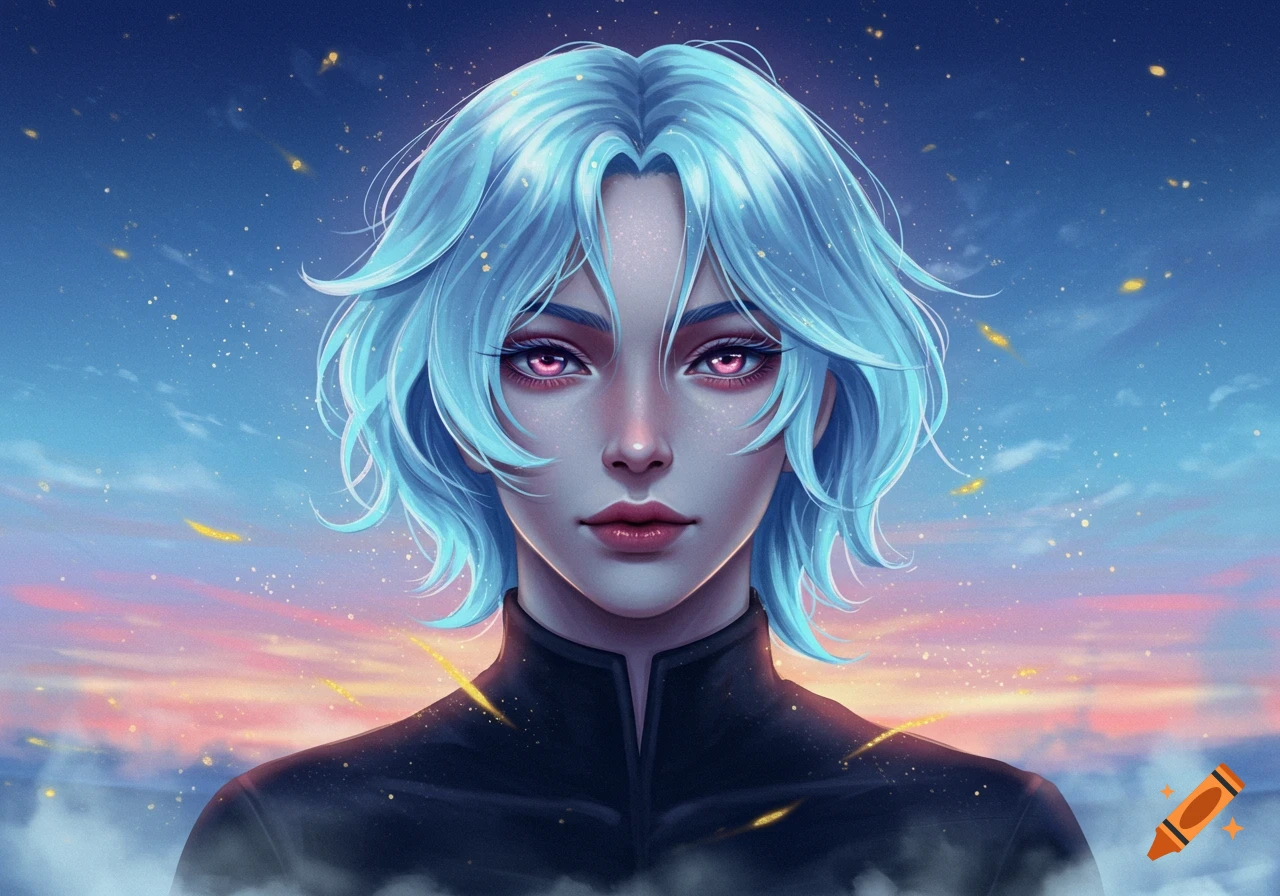 A stylized portrait of a person with light blue hair and glowing red eyes against a sunset sky with glowing specks.