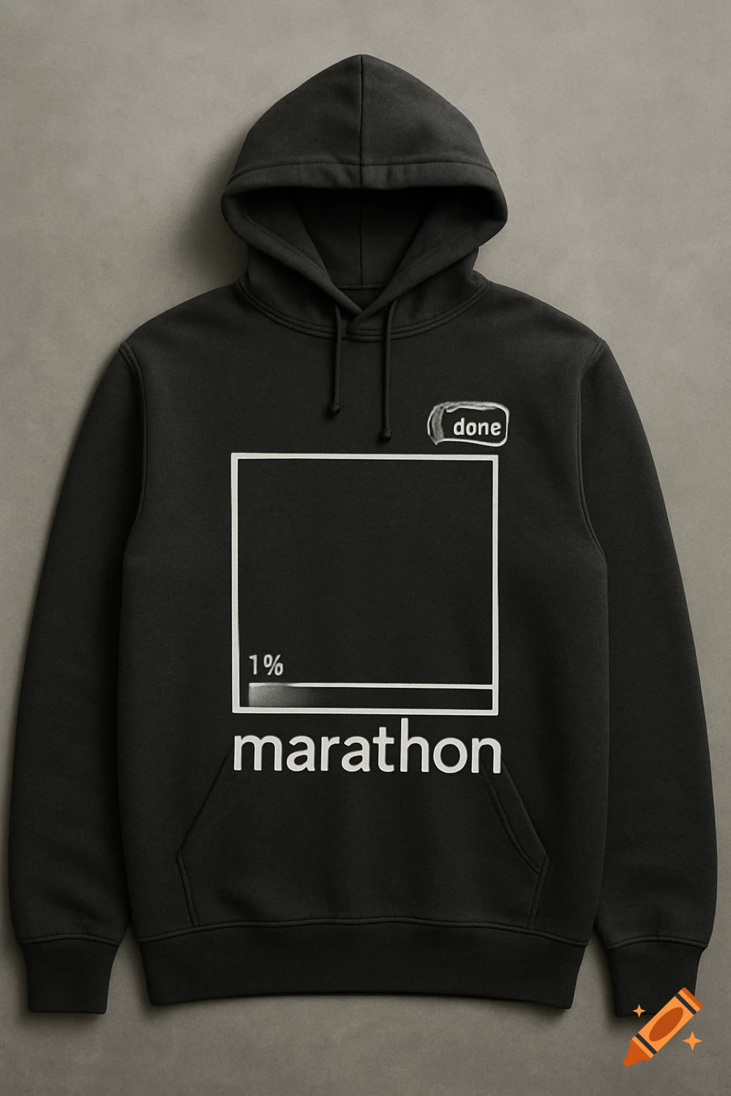 Black hoodie with a graphic showing 'done', a 1% progress bar, and 'marathon'.