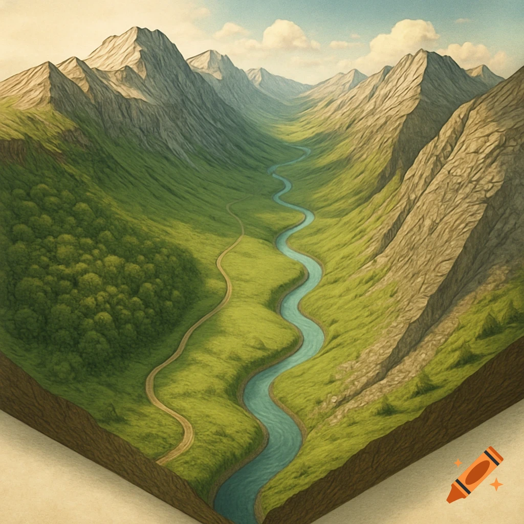 Isometric view of a lush green valley with a winding river and a path, surrounded by rocky mountains under a cloudy sky.