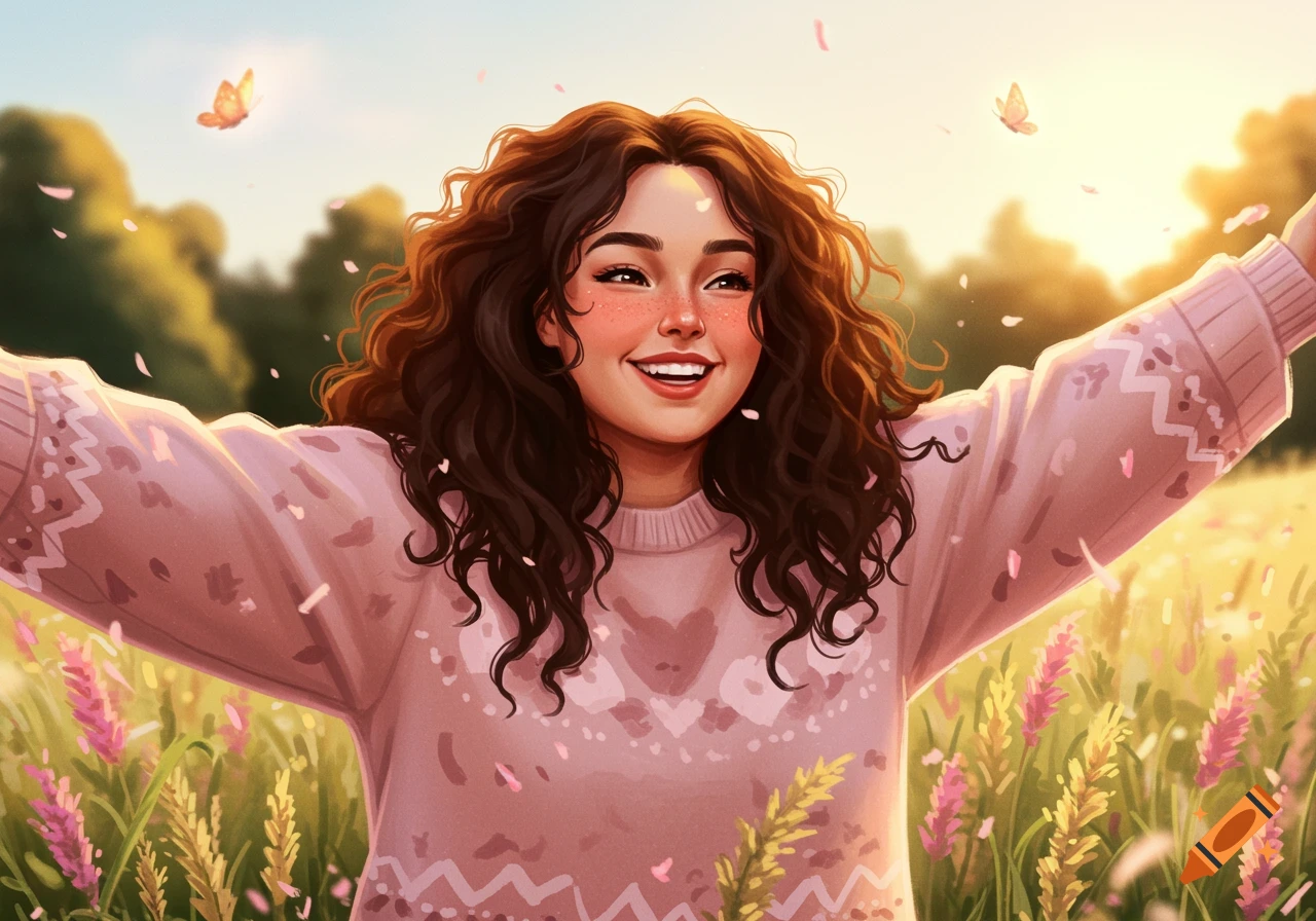 A joyful young woman with curly brown hair and a pink sweater, arms open in a sunny field with pink petals and butterflies, painterly style.