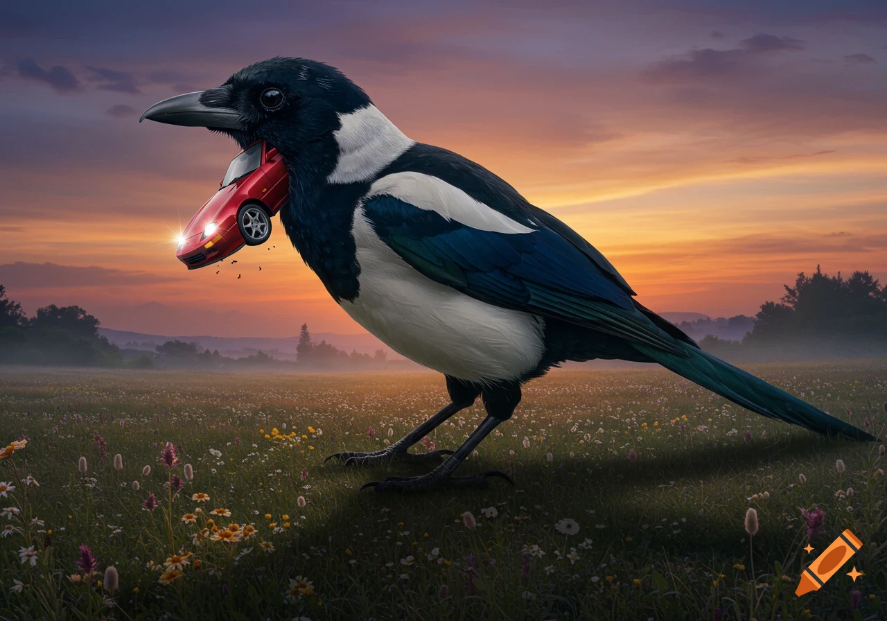 A giant magpie holds a red sports car in its mouth in a grassy field at sunset. The image is photorealistic and surreal.