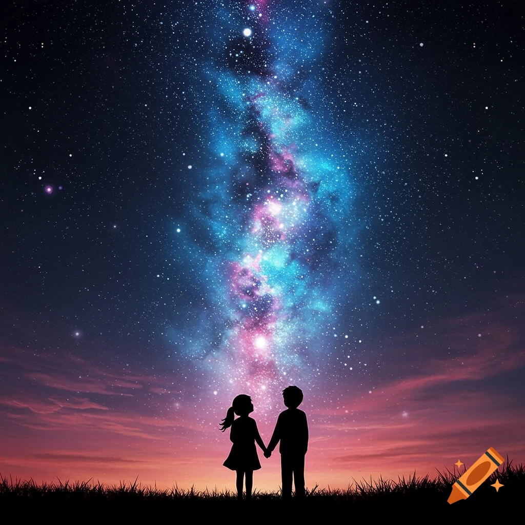 Silhouette of a boy and girl holding hands, gazing up at a vibrant blue and pink galaxy against a twilight sky.