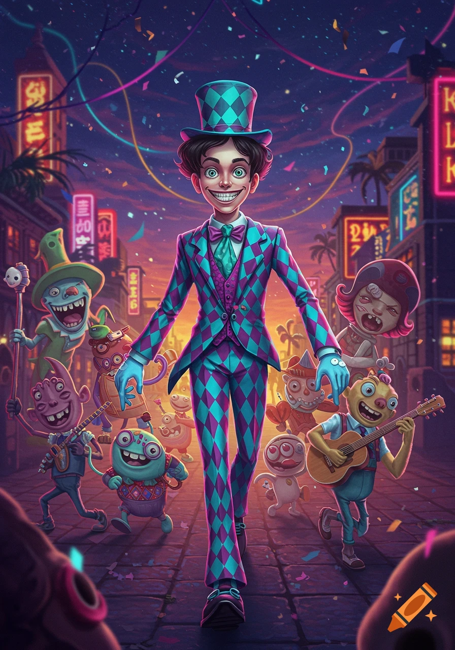 A smiling man in a teal and purple checkered suit and top hat walks down a neon-lit city street at night, surrounded by whimsical cartoon creatures and confetti.